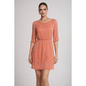 Alice + Olivia Round Neck 3/4 Sleeve drop Waist Beaded Dress Pink/salmon S